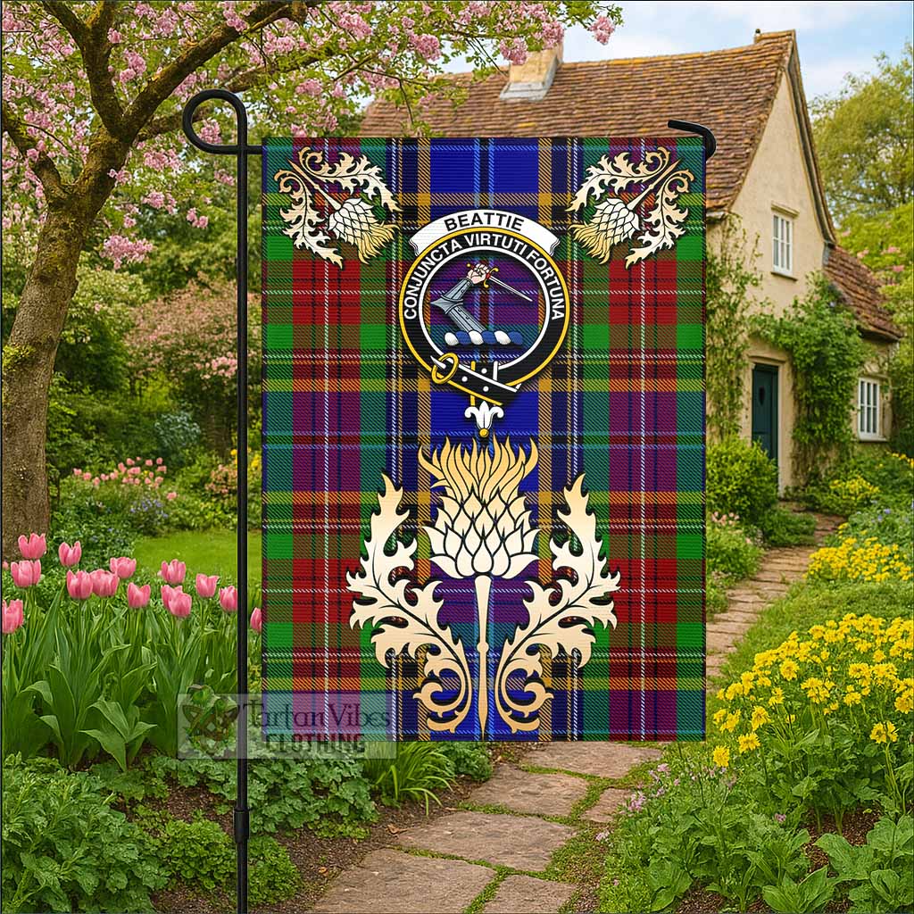 Beattie (Beatty) Tartan Garden Flag with Golden Regal Scottish Thistle Emblem - Tartan Vibes Clothing