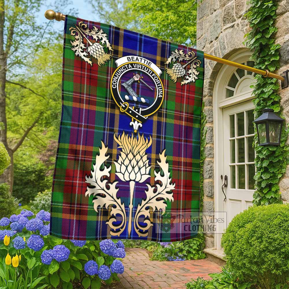 Beattie (Beatty) Tartan Garden Flag with Golden Regal Scottish Thistle Emblem - Tartan Vibes Clothing