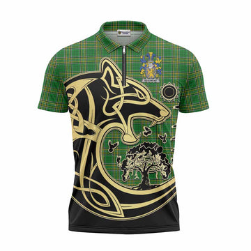 Beaumont Irish Tartan Zipper Polo Shirt with Coat of Arms Celtic Wolf Style