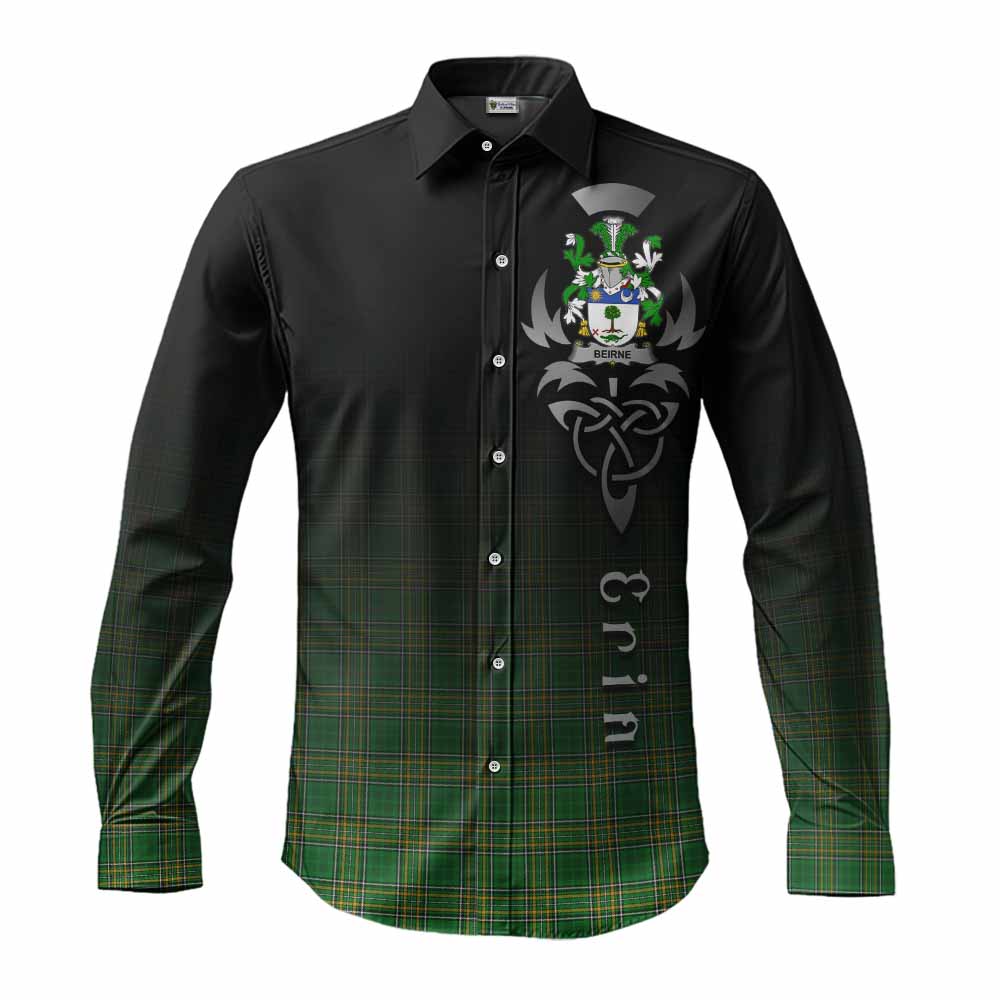Tartan Vibes Clothing Beirne Irish Clan Long Sleeve Button Shirt with Coat of Arms Erin Go Bragh Celtic Inspired