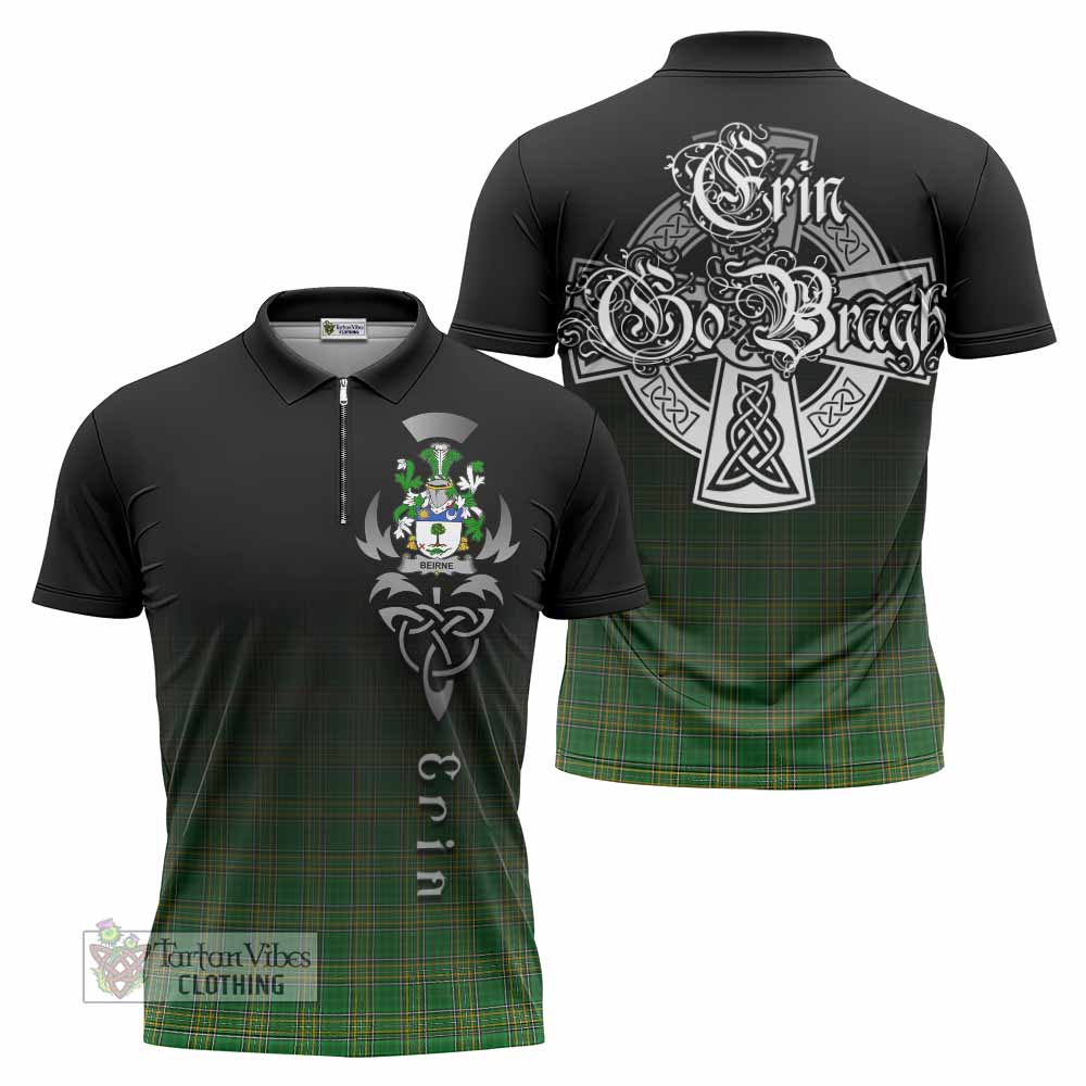 Tartan Vibes Clothing Beirne Irish Clan Zipper Polo Shirt with Coat of Arms Erin Go Bragh Celtic Inspired