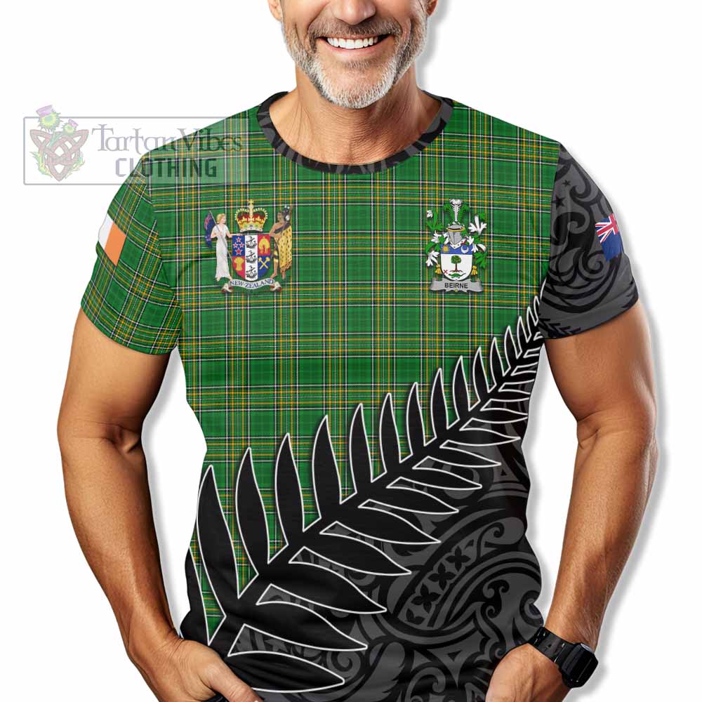 Tartan Vibes Clothing Beirne Irish Clan Tartan T-Shirt with Coat of Arms New Zealand Silver Fern Half Style