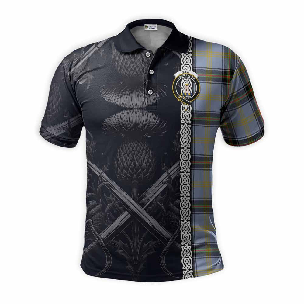 Tartan Vibes Clothing Bell Tartan Polo Shirt with Family Crest Cross Sword Thistle Celtic Vibes