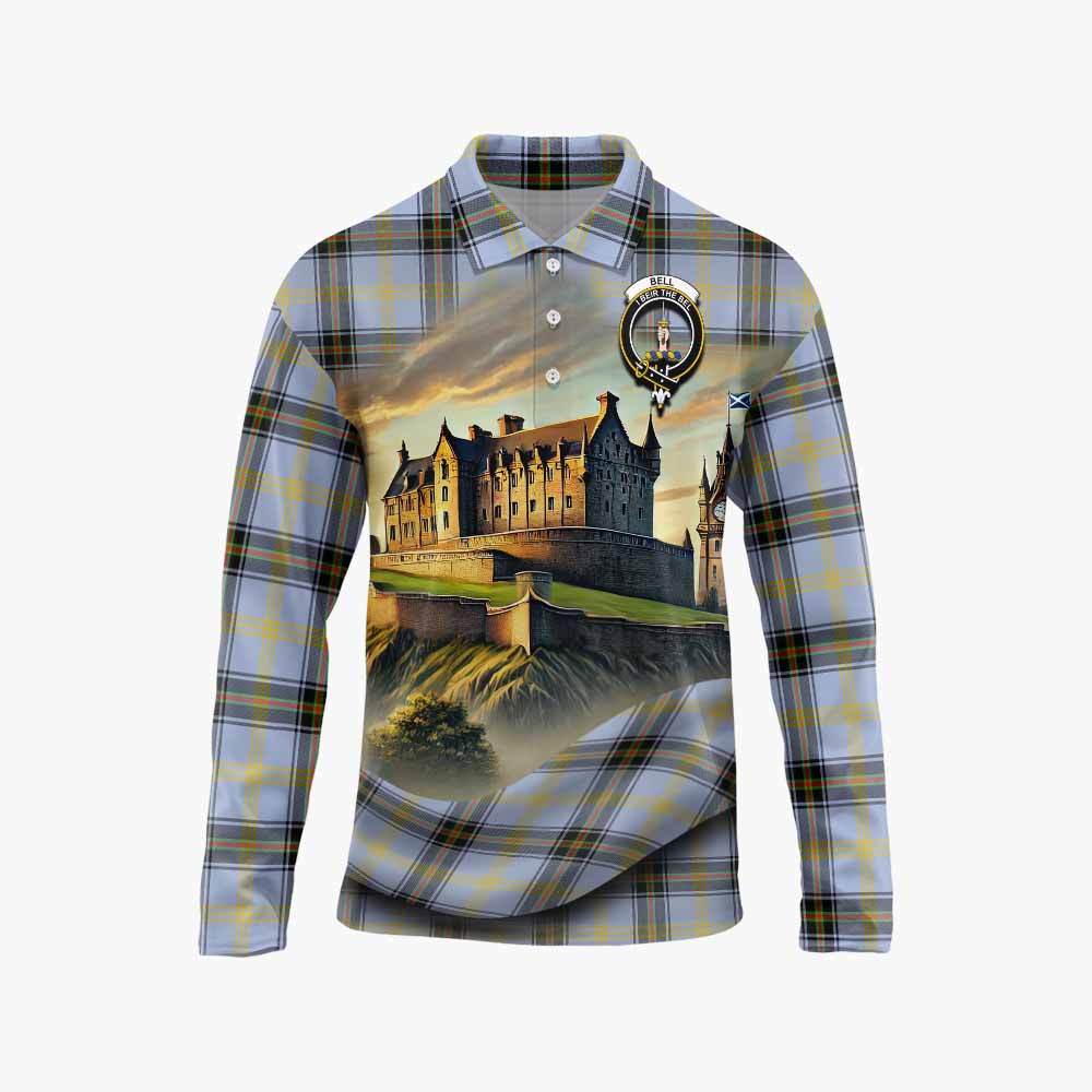 Tartan Vibes Clothing Bell Tartan Family Crest Long Sleeve Polo Shirt with Scottish Ancient Castle Style