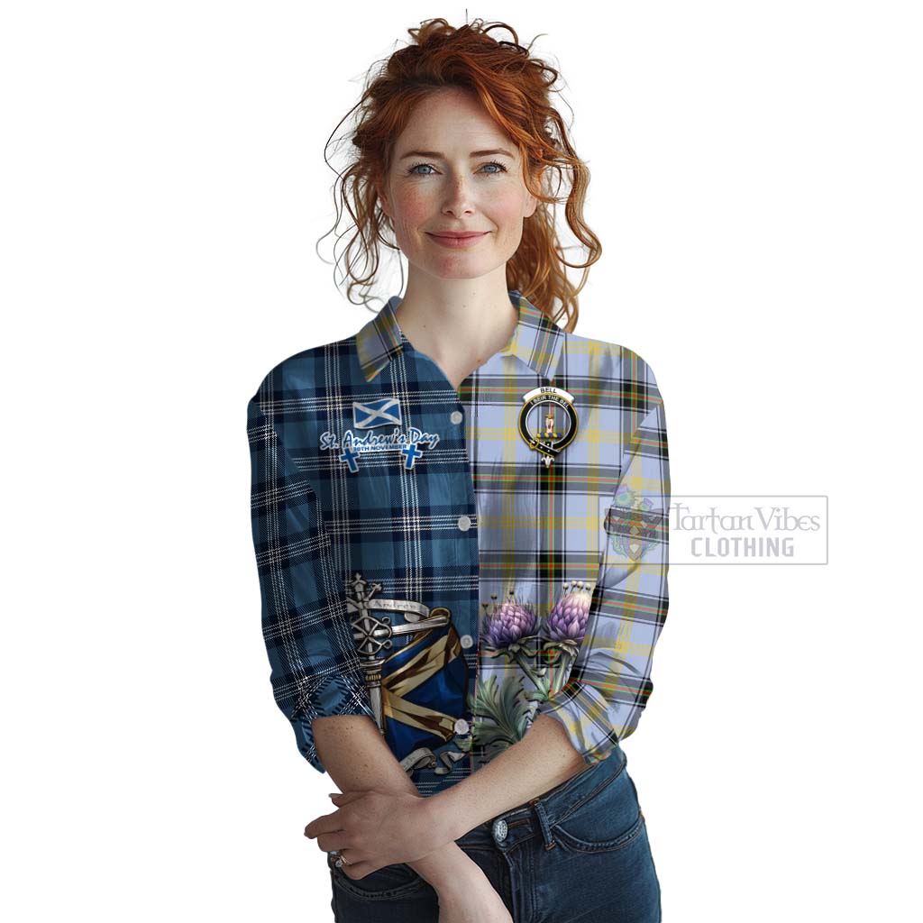 Tartan Vibes Clothing Bell Tartan Women's Casual Shirt Happy St. Andrew's Day Half Tartan Style