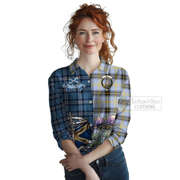Tartan Vibes Clothing Bell Tartan Women's Casual Shirt Happy St. Andrew's Day Half Tartan Style