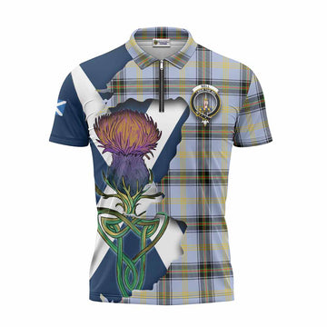 Bell Tartan Family Crest Zipper Polo Shirt Scottish Thistle Celtic Inspired