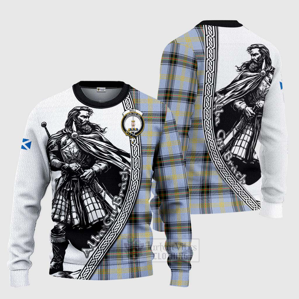 Tartan Vibes Clothing Bell Tartan Clan Crest Knitted Sweater with Highlander Warrior Celtic Style