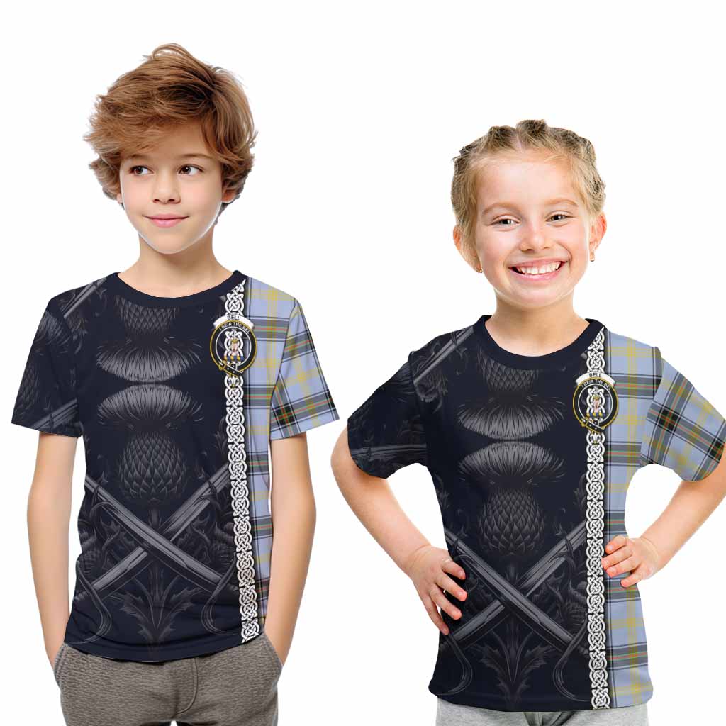 Tartan Vibes Clothing Bell Tartan Kid T-Shirt with Family Crest Cross Sword Thistle Celtic Vibes