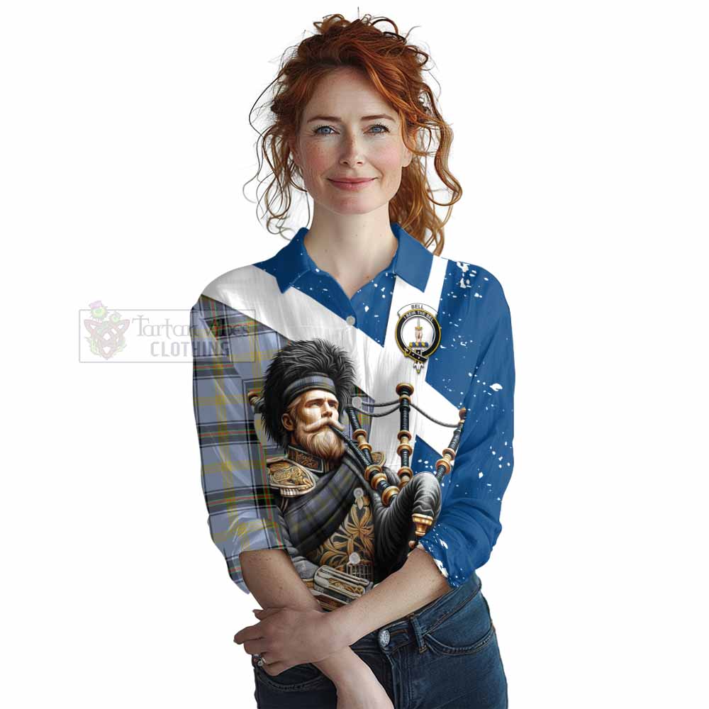 Tartan Vibes Clothing Bell Tartan Women's Casual Shirt with Family Crest Scottish Bagpiper Vibes