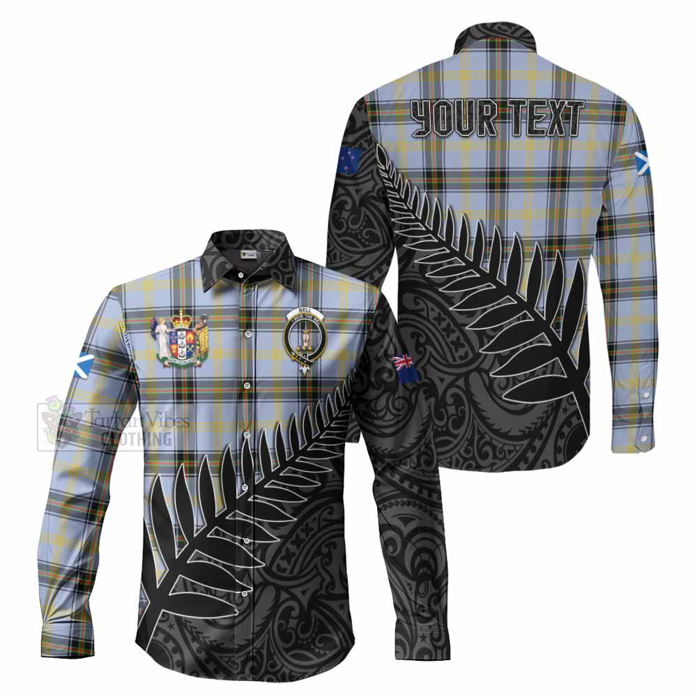 Tartan Vibes Clothing Bell Crest Tartan Long Sleeve Button Shirt with New Zealand Silver Fern Half Style
