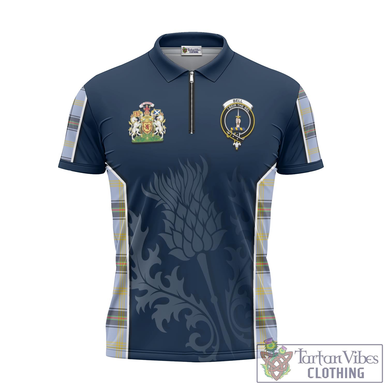 Tartan Vibes Clothing Bell Tartan Zipper Polo Shirt with Family Crest and Scottish Thistle Vibes Sport Style
