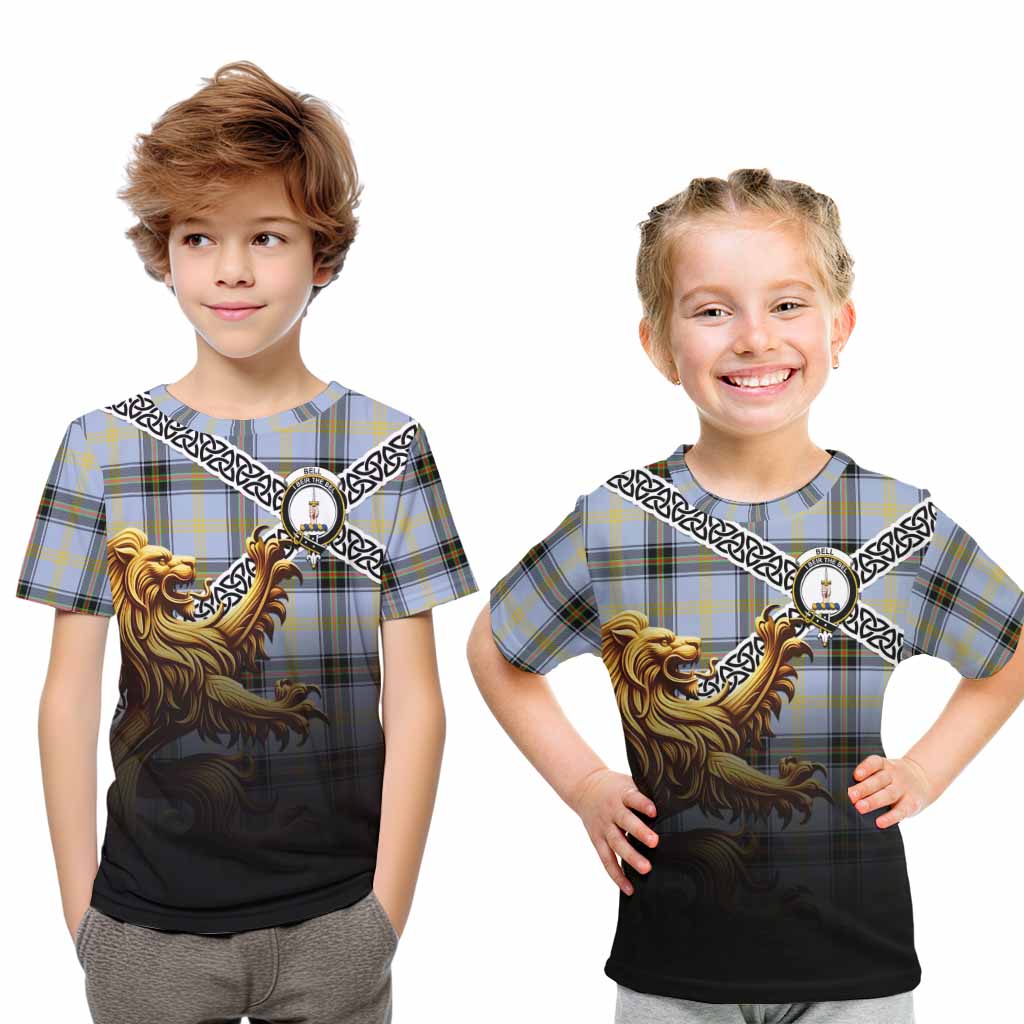 Tartan Vibes Clothing Bell Crest Tartan Kid T-Shirt with Golden Lion Emblem Celtic Style