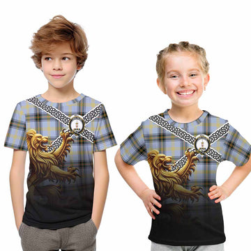 Tartan Vibes Clothing Bell Crest Tartan Kid T-Shirt with Golden Lion Emblem Celtic Style