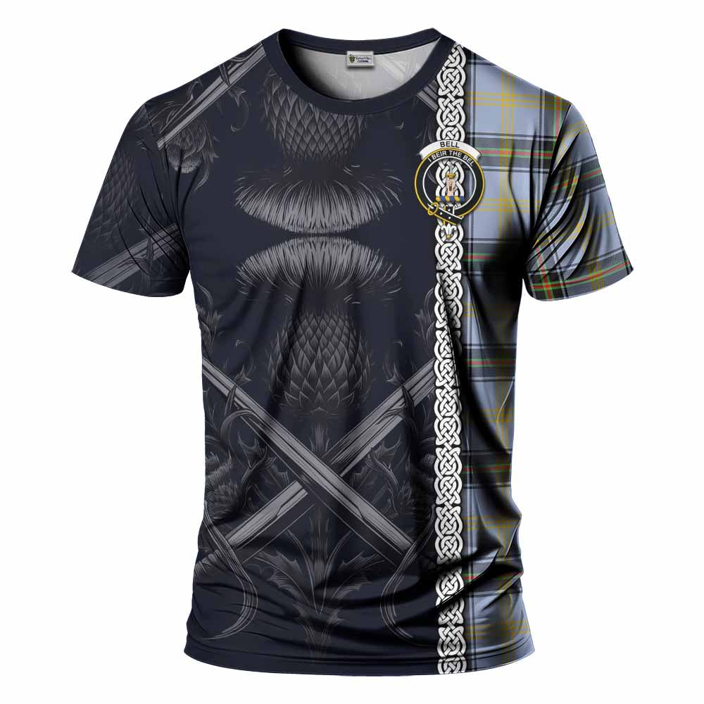 Tartan Vibes Clothing Bell Tartan T-Shirt with Family Crest Cross Sword Thistle Celtic Vibes