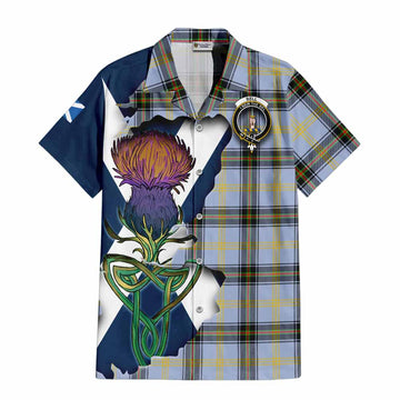 Tartan Vibes Clothing Bell Tartan Family Crest Short Sleeve Button Shirt Scottish Thistle Celtic Inspired