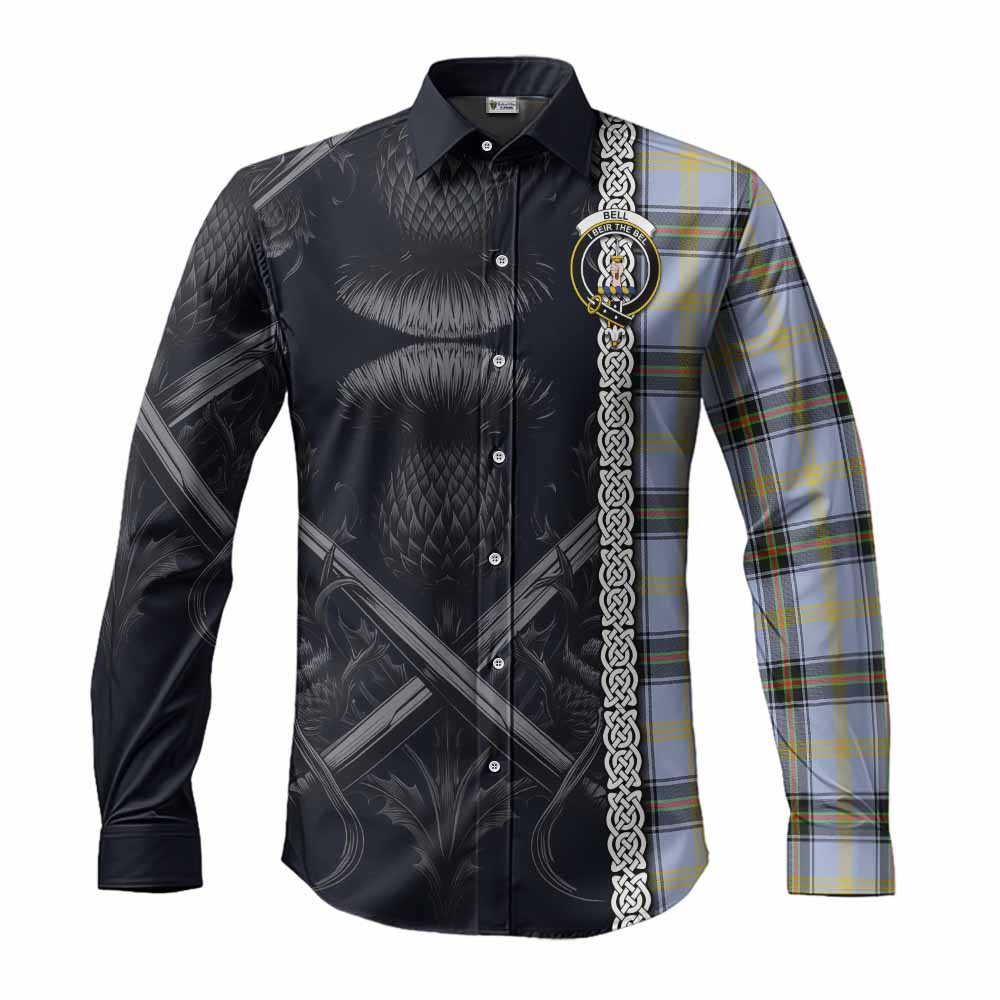 Tartan Vibes Clothing Bell Tartan Long Sleeve Button Shirt with Family Crest Cross Sword Thistle Celtic Vibes