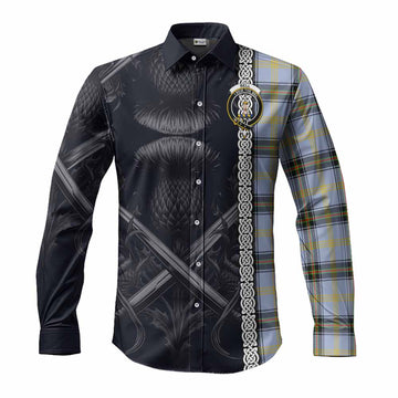 Tartan Vibes Clothing Bell Tartan Long Sleeve Button Shirt with Family Crest Cross Sword Thistle Celtic Vibes