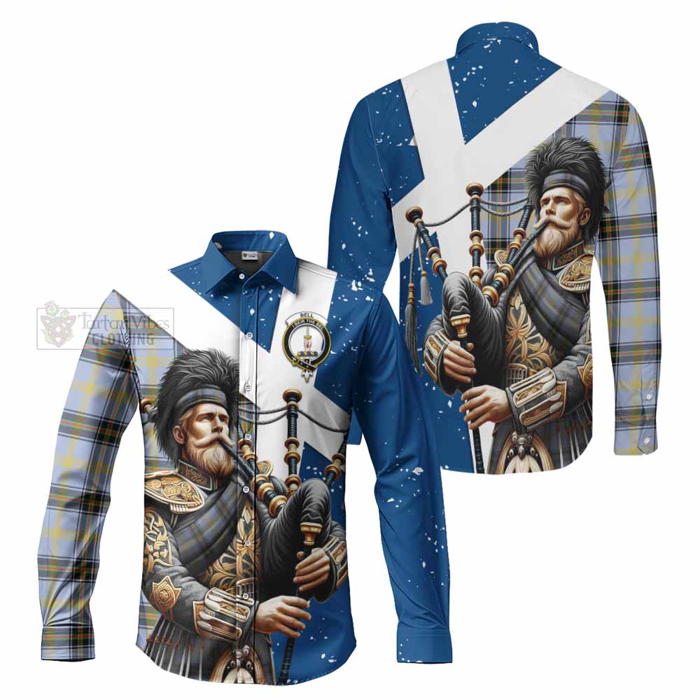 Tartan Vibes Clothing Bell Tartan Long Sleeve Button Shirt with Family Crest Scottish Bagpiper Vibes