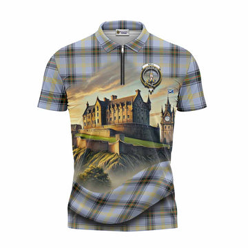 Bell Tartan Family Crest Zipper Polo Shirt with Scottish Ancient Castle Style