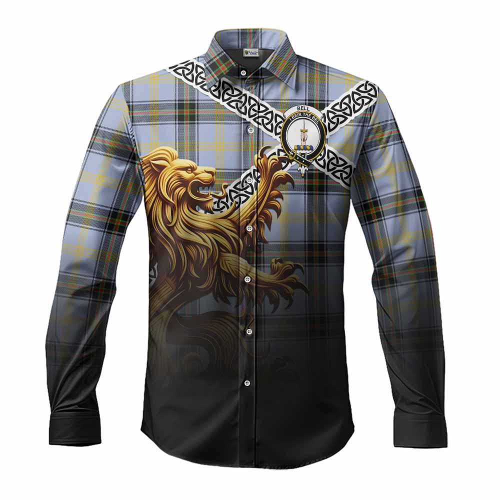 Tartan Vibes Clothing Bell Crest Tartan Long Sleeve Button Shirt with Golden Lion Emblem Celtic Style