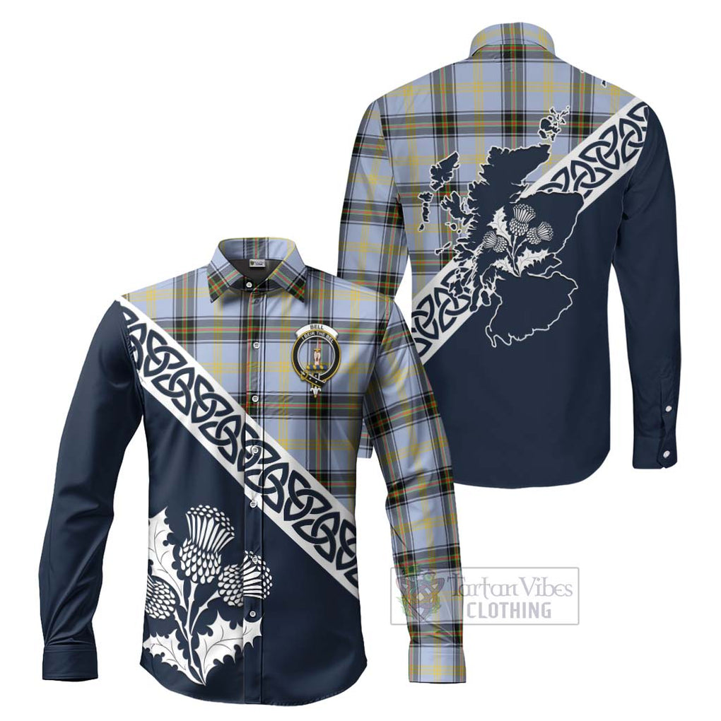 Tartan Vibes Clothing Bell Tartan Long Sleeve Button Shirt Featuring Thistle and Scotland Map