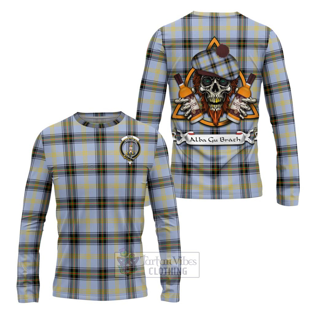 Tartan Vibes Clothing Bell Tartan Long Sleeve T-Shirt with Family Crest and Bearded Skull Holding Bottles of Whiskey