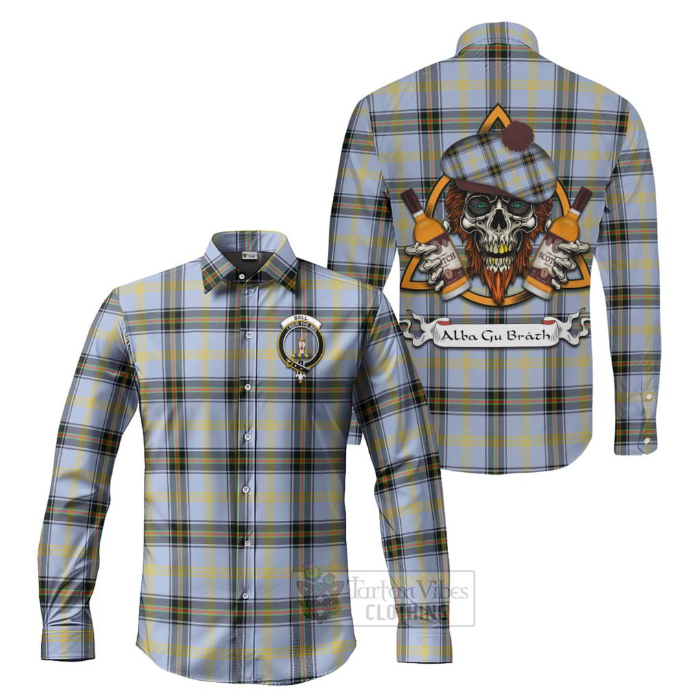 Tartan Vibes Clothing Bell Tartan Long Sleeve Button Shirt with Family Crest and Bearded Skull Holding Bottles of Whiskey