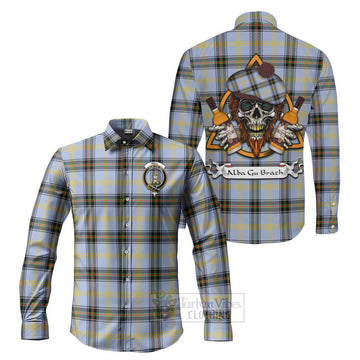 Bell Tartan Long Sleeve Button Shirt with Family Crest and Bearded Skull Holding Bottles of Whiskey