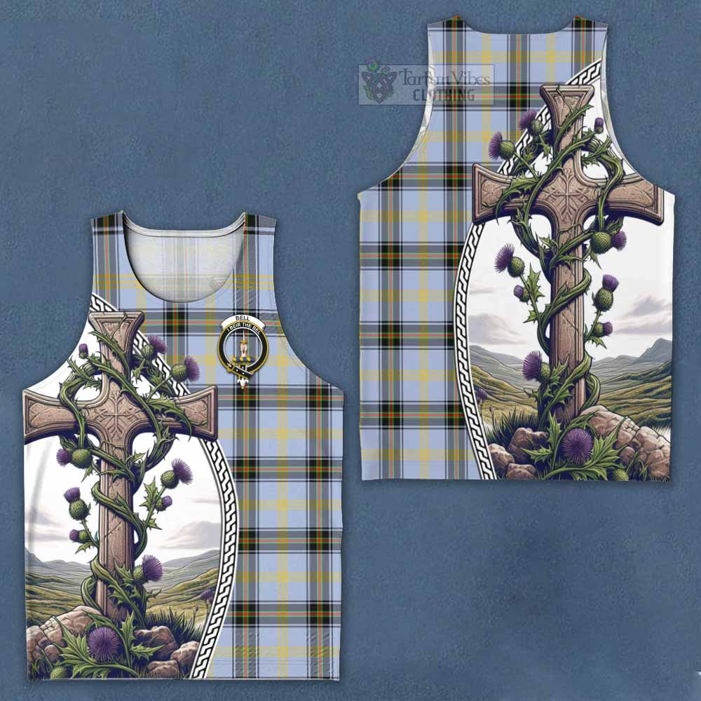 Tartan Vibes Clothing Bell Tartan Men's Tank Top with Family Crest and St. Andrew's Cross Accented by Thistle Vines