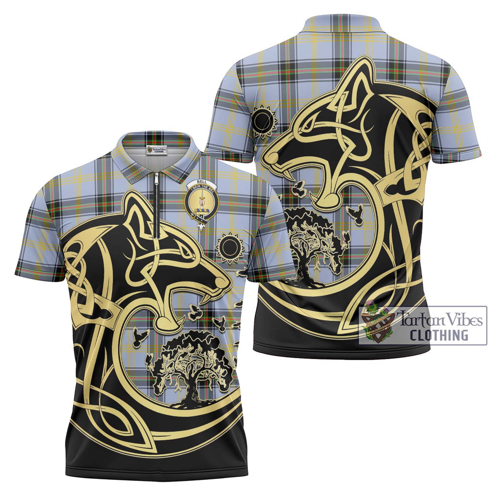 Bell Tartan Zipper Polo Shirt with Family Crest Celtic Wolf Style Unisex - Tartanvibesclothing Shop