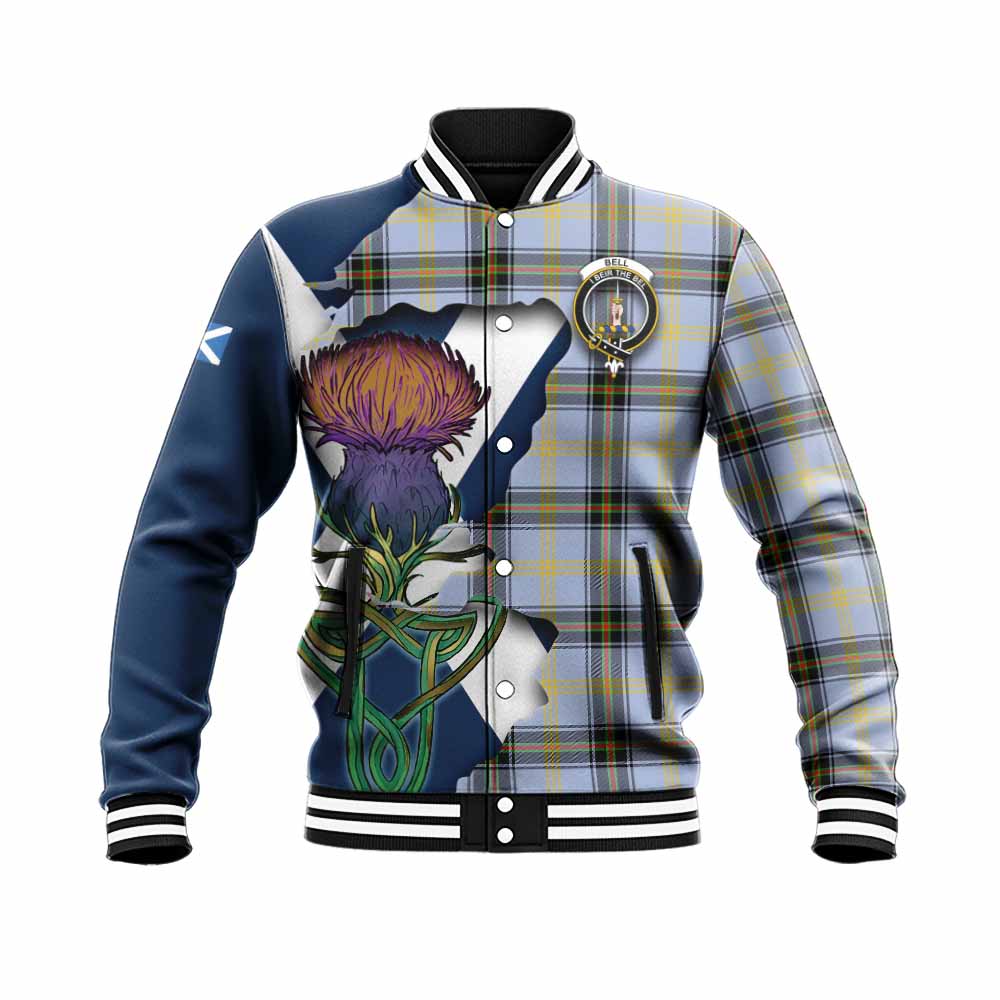 Tartan Vibes Clothing Bell Tartan Family Crest Baseball Jacket Scottish Thistle Celtic Inspired