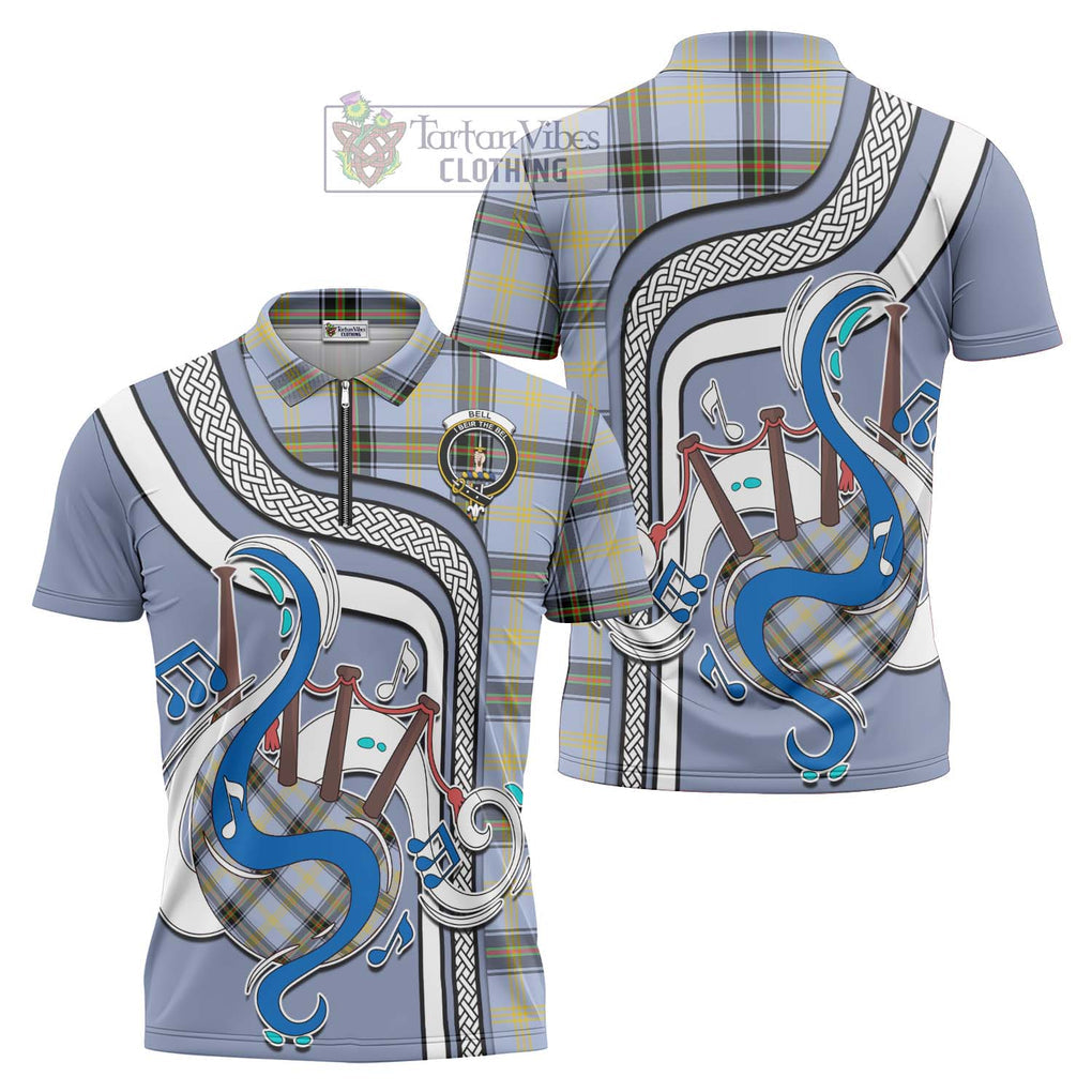 Bell Tartan Zipper Polo Shirt with Epic Bagpipe Style Unisex - Tartanvibesclothing Shop