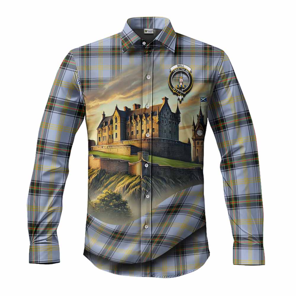 Tartan Vibes Clothing Bell Tartan Family Crest Long Sleeve Button Shirt with Scottish Ancient Castle Style