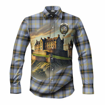 Tartan Vibes Clothing Bell Tartan Family Crest Long Sleeve Button Shirt with Scottish Ancient Castle Style