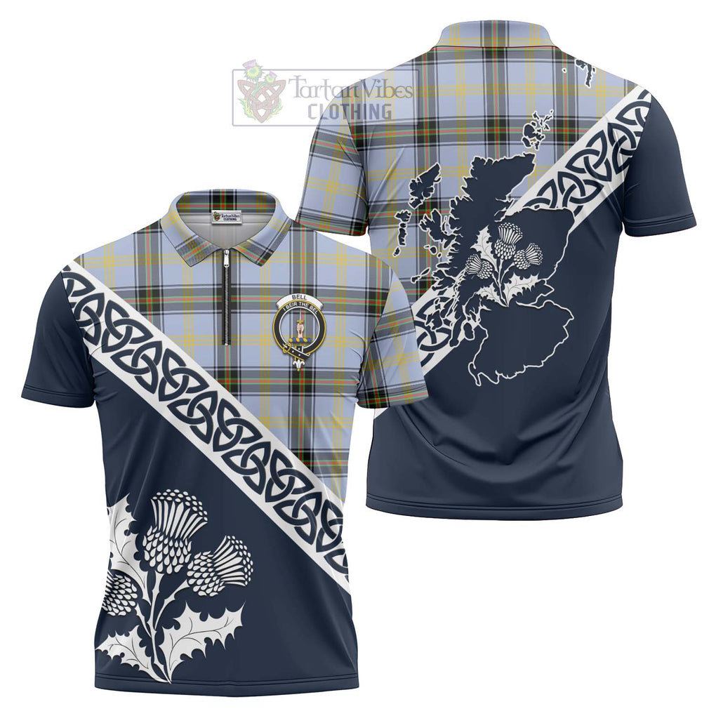 Bell Tartan Zipper Polo Shirt Featuring Thistle and Scotland Map Unisex - Tartanvibesclothing Store