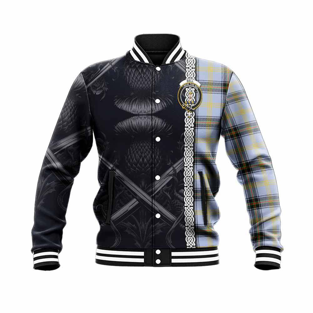 Tartan Vibes Clothing Bell Tartan Baseball Jacket with Family Crest Cross Sword Thistle Celtic Vibes