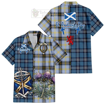Tartan Vibes Clothing Bell Tartan Short Sleeve Button Shirt Happy St. Andrew's Day Half Tartan Style