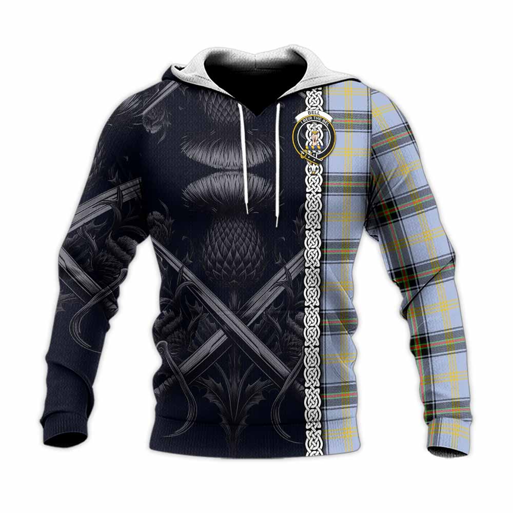 Tartan Vibes Clothing Bell Tartan Knitted Hoodie with Family Crest Cross Sword Thistle Celtic Vibes