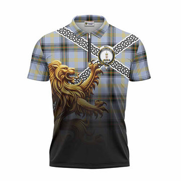Bell Crest Tartan Zipper Polo Shirt with Golden Lion Emblem Celtic Style