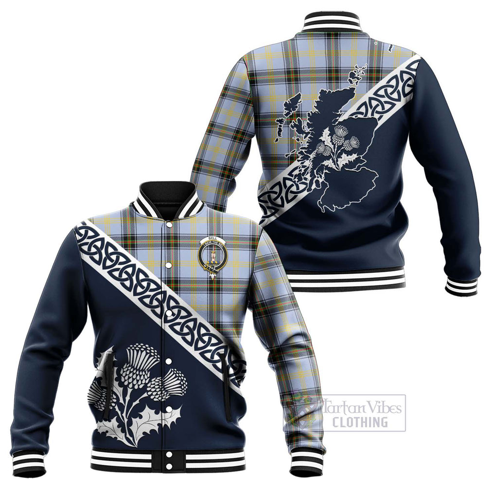 Tartan Vibes Clothing Bell Tartan Baseball Jacket Featuring Thistle and Scotland Map