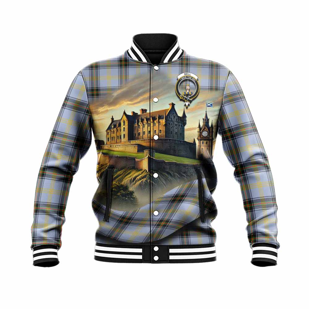 Tartan Vibes Clothing Bell Tartan Family Crest Baseball Jacket with Scottish Ancient Castle Style