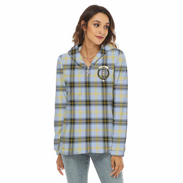 Bell Tartan Women's Borg Fleece Hoodie with Half Zip with Family Crest