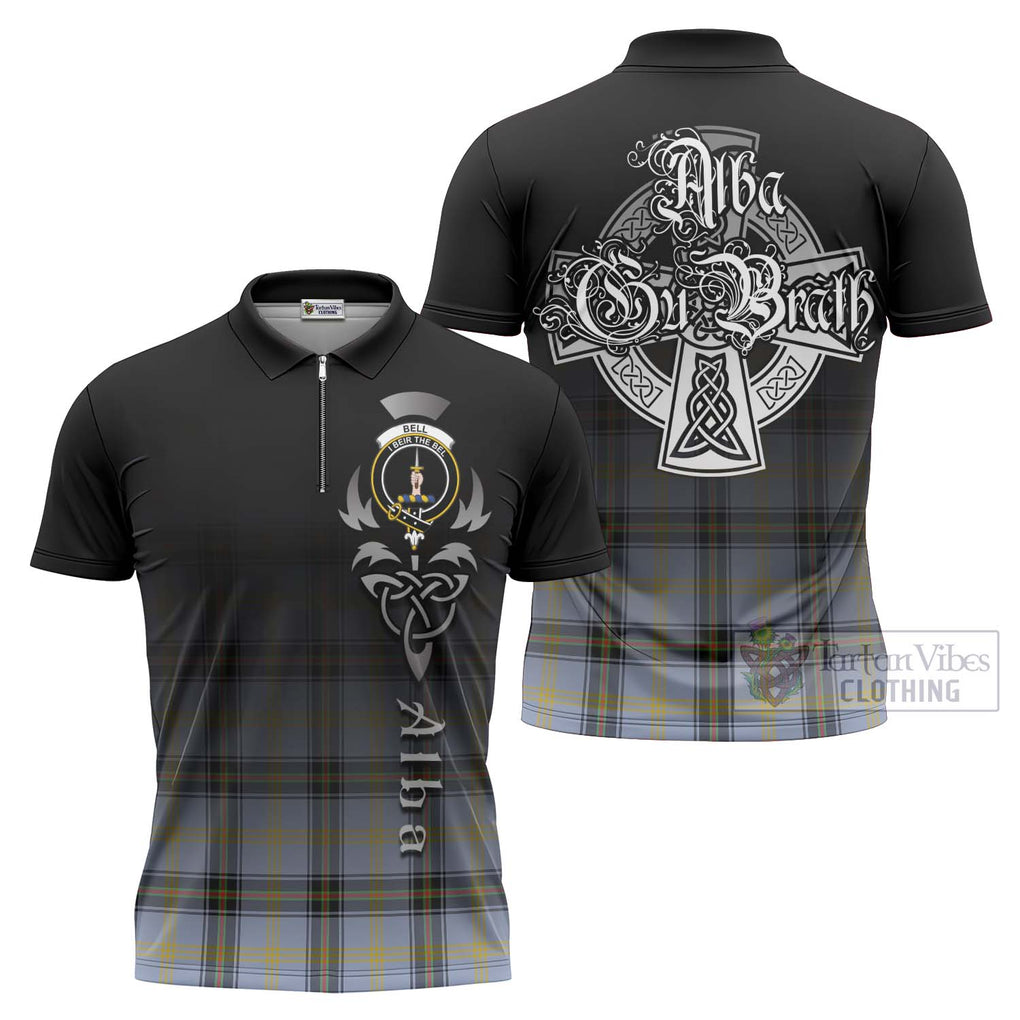 Tartan Vibes Clothing Bell Tartan Zipper Polo Shirt Featuring Alba Gu Brath Family Crest Celtic Inspired