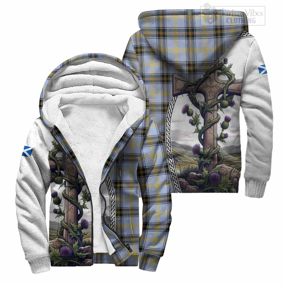 Tartan Vibes Clothing Bell Tartan Sherpa Hoodie with Family Crest and St. Andrew's Cross Accented by Thistle Vines