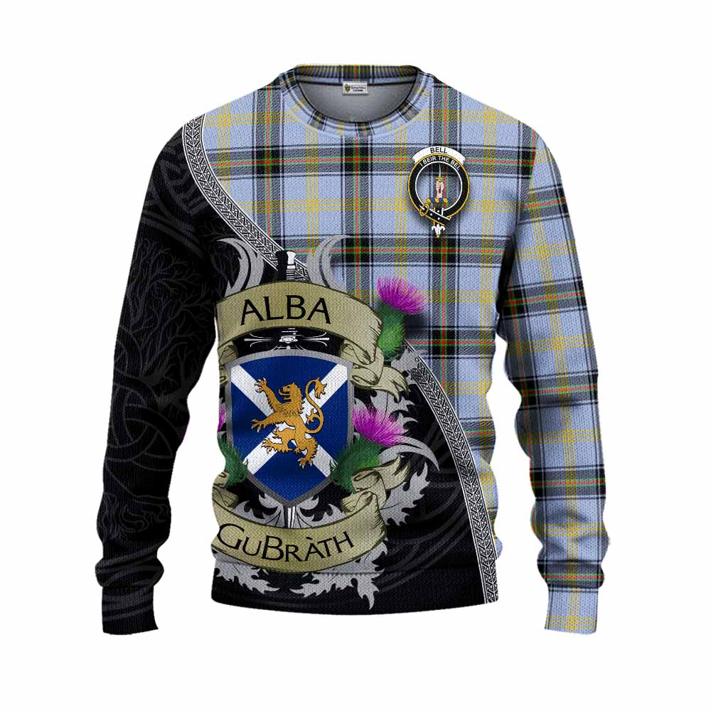 Tartan Vibes Clothing Bell Tartan Family Crest Knitted Sweater Lion Rampant Royal Thistle Shield Celtic Inspired