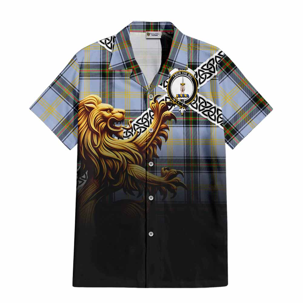 Tartan Vibes Clothing Bell Crest Tartan Short Sleeve Button Shirt with Golden Lion Emblem Celtic Style