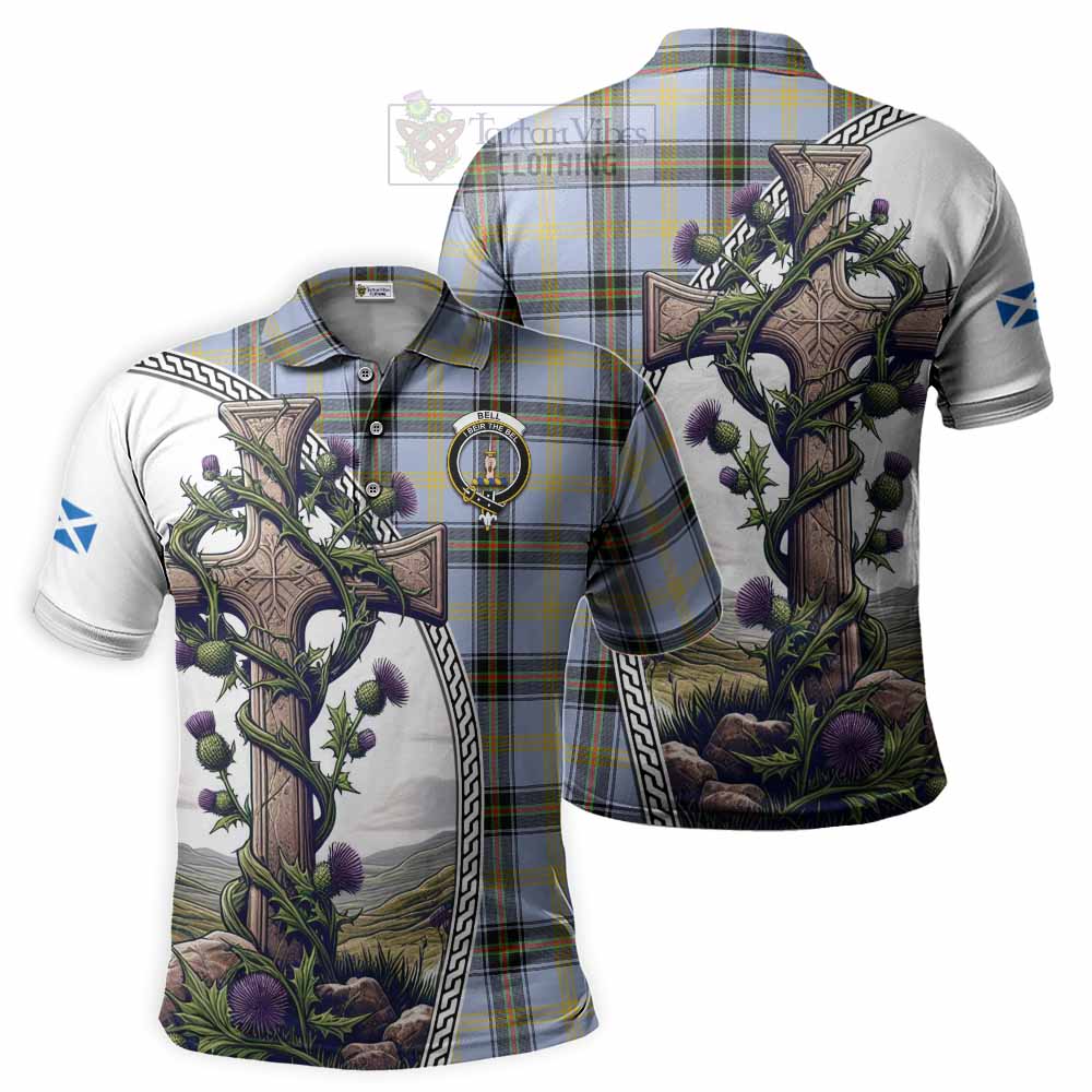 Tartan Vibes Clothing Bell Tartan Polo Shirt with Family Crest and St. Andrew's Cross Accented by Thistle Vines