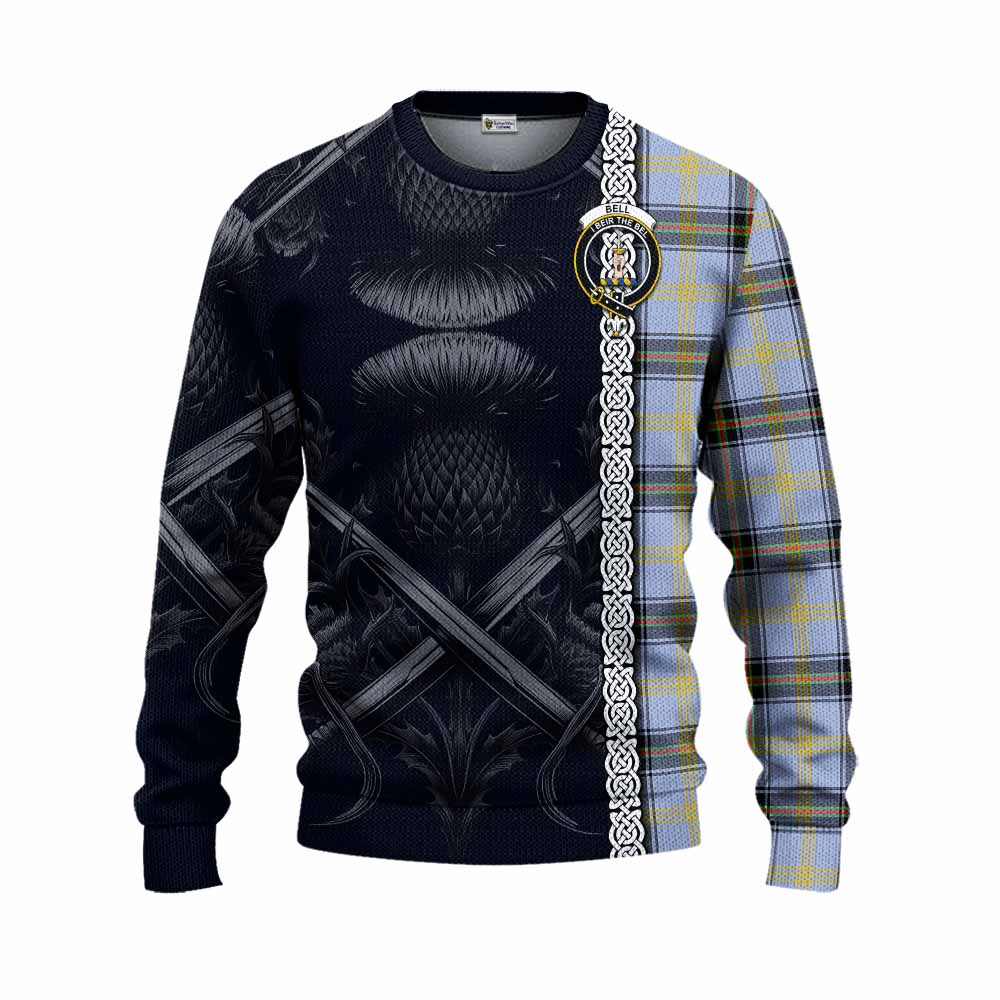 Tartan Vibes Clothing Bell Tartan Knitted Sweater with Family Crest Cross Sword Thistle Celtic Vibes