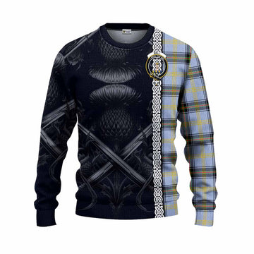 Tartan Vibes Clothing Bell Tartan Knitted Sweater with Family Crest Cross Sword Thistle Celtic Vibes